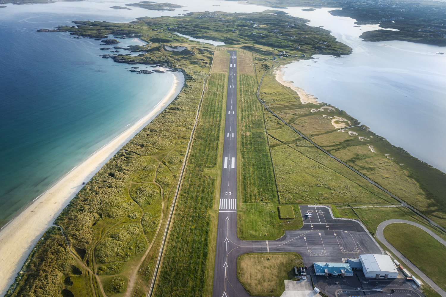 Aerial image of Donegal Airport runway with beaches on either side