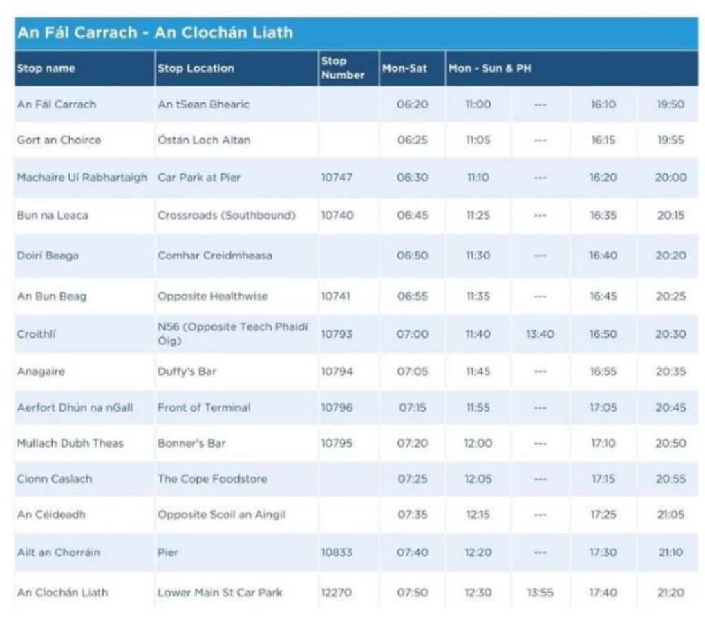 An Fal carrach - an clochan liath timetable