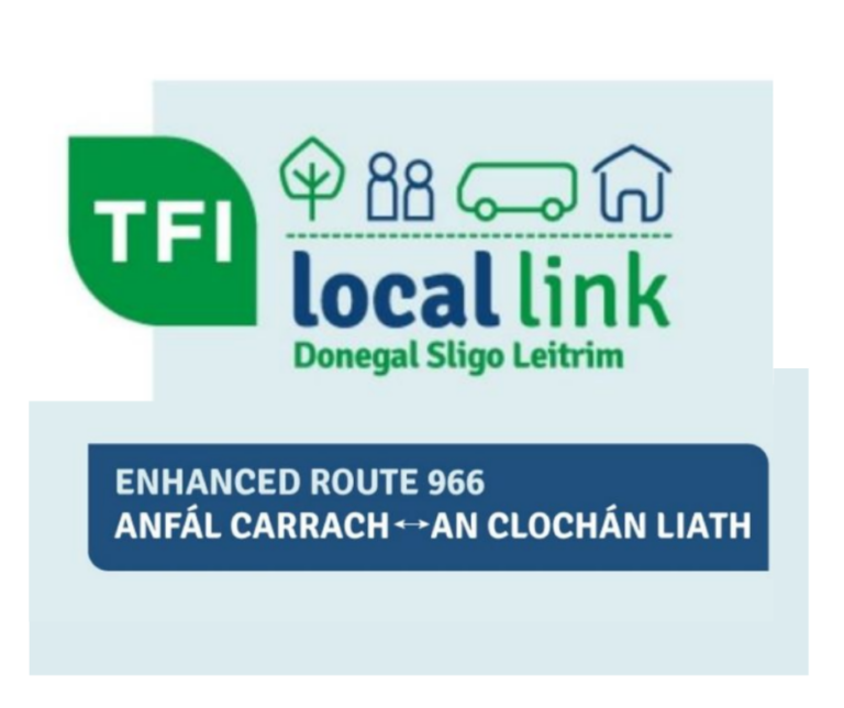 TFI Local Link logo Donegal Sligo Leitrim, enhanced route 966, anf&aacute;l carrach an cloch&aacute;n liath